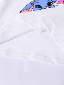 SHEIN 2pcs/Set Girls Cartoon Character Print Denim Outfit, Includes White Short Sleeve T-Shirt With Print And Light Blue Jeans With Cartoon Print, Suitable For Outings, Commuting And Daily Wear