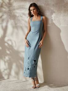 Anewsta Spring/Summer New Elegant Floral Embroidered Sleeveless Midi Dress For Women, Vacation Style, Slit Back, Suitable For Valentine's Day - Blue - View 5
