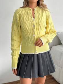 SHEIN Butter Yellow Cardigan With Cable And Embroidery - Light Yellow - View 4