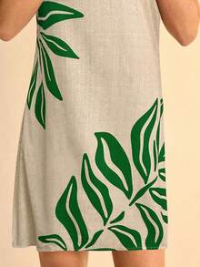 CAJUNI 女士波西米亚热带植物叶子印花棕色吊带迷你连衣裙，图案 - 卡其色 - 查看 6