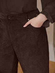 Anewsta 女士加大码咖啡棕色灯芯绒喇叭裤，铆钉口袋设计，优雅商务休闲风，适合秋冬季穿着 - 咖啡棕 - 查看 2