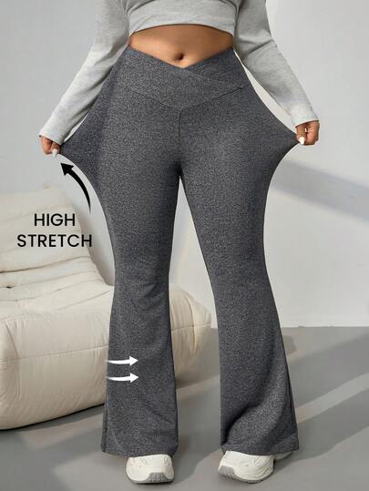 SHEIN EZwear Plus Size High Waist Flare Leg Pants, Solid Color, Slimming, Versatile, Suitable For Spring & Autumn