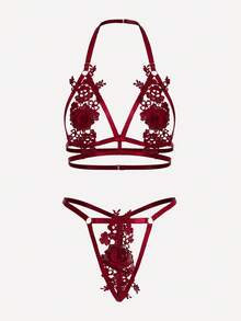 SHEIN Appliques Cut Out Halter Lingerie Set - Burgundy - View 5