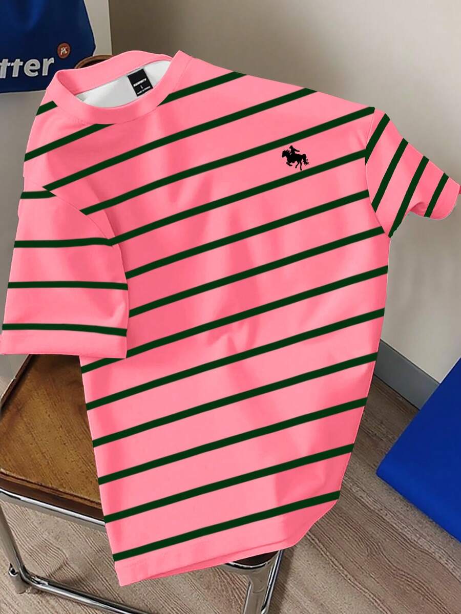 Claim Dot Unisex Classic Pink And Green Striped Horse Print Casual T-Shirt, Fashionable Printed Tee - Multicolor - View 1
