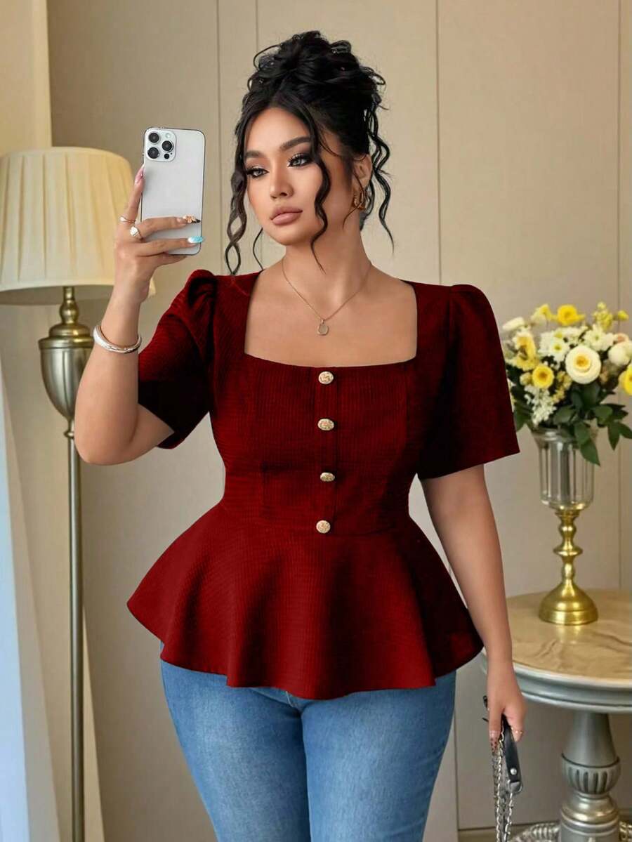 Elenzga 夏季纯色金属扣方领短袖休闲上衣 - 酒紅色 - 查看 1