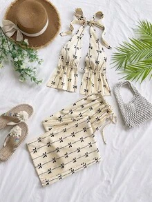 Soleia Spring/Summer New Casual Vacation Western Beach Wedding Guest Attire Graduation Brunch Women's Outfit, St. Patrick's Day Spring Break Easter Music Festival Elegant Bohemian Tropical Backless Halter Bow Print 2-Piece Set In Apricot - Multicolor - View 5