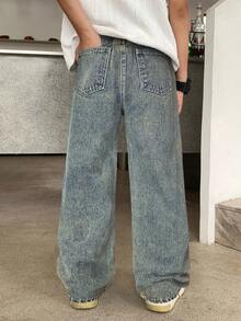 SHEIN Jeans holgados con bolsillos sesgados desgastados para niño preadolescente de uso diario informal - Azul lavado oscuro - Ver 2