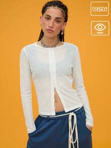 COUREZ Sheer Button Up Long Sleeve White Going Out Spring Tops Y2K Casual - White - View 1