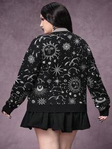 ROMWE Goth Áo khoác cardigan dệt kim Jacquard hình ngôi sao và mặt trăng bí ẩn dành cho phụ nữ ngoại cỡ, màu xám - Xám - Xem 3