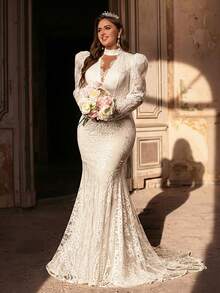 Glamrae 大码优雅浪漫奢华白色蕾丝立领羊腿袖修身鱼尾长裙，带拖尾，适合晚宴、度假、婚礼、新娘礼服 - 白色 - 查看 7