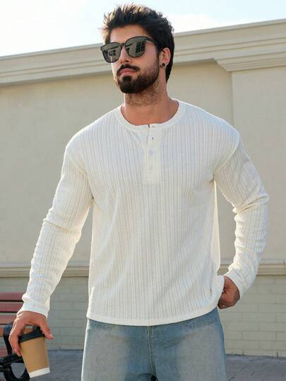 DAZY Camiseta de cuello redondo con media cremallera y textura de tela para hombre, primavera/otoño