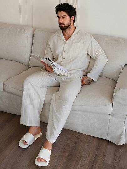 DAZY Spring Solid Color Striped Beige Men's Pajama Set