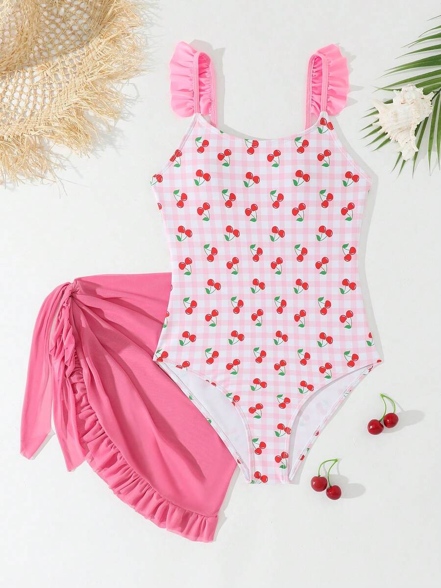 SHEIN Bộ đồ bơi liền thân dễ thương dành cho bé gái tuổi teen, họa tiết nơ, thiết kế tam giác lưới, thời trang và kín đáo, thích hợp cho bãi biển, bơi lội, kỳ nghỉ hè. - Hồng - Xem 1