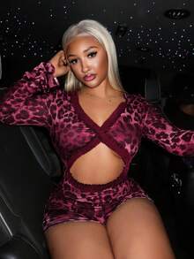 Slaydiva 2025 Autumn New Halloween Birthday Party Banquet College Style Student Daily Casual Cruise Travel Viral Streetwear Sexy Club V-Neck Long Sleeve Cutout Waist Frill Trim Brown Leopard Print Autumn Bodycon Jumpsuit For Women - Burgundy - View 3