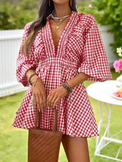 KARISMINA Woven Plaid V-Neck Bubble Short Sleeve Jumpsuit For Women,Women's Elegant Outfits Picnic Dress For Woman Checkered Dress Cookout Outfit Women Gingham Dress Plaid Two Piece Set,Plain/Plaid/Striped/Casual,Women's Vacation Jumpsuit,Summer Outfits,Valentine's Day Jumpsuit,Beach Outfit For Women,Vacation Outfits Women