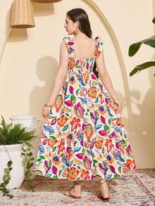 SHEIN 少女碎花印花优雅方领荷叶袖收腰长裙，春夏假日风 - 彩色 - 查看 2