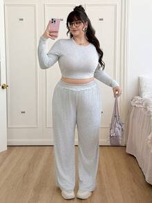 SHEIN EZwear 纯色圆领长袖紧身T恤和运动裤套装，秋冬款 - 淺灰色 - 查看 4