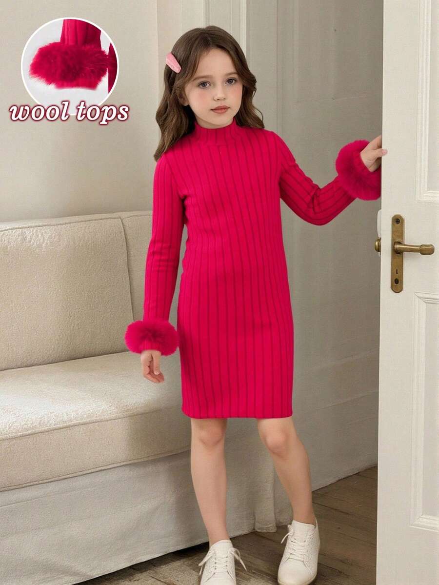 Đầm trơn màu cho bé gái tuổi teen, mùa thu/đông, thiết kế thời trang với cổ tay áo lông giả, tay dài, vải dệt kim gân, cổ đứng, phù hợp cho bé gái tuổi teen mùa thu/đông, thanh lịch, dịu dàng, đa năng cho mặc hàng ngày, sự kiện, kỳ nghỉ, chụp ảnh, lễ hội, tiệc Giáng sinh. - Đỏ - Xem 1