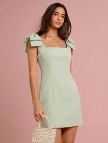 Enchnt Vestido de moda sin mangas con decoración de lazo en los hombros de unicolor para mujer - verde menta - Ver 7