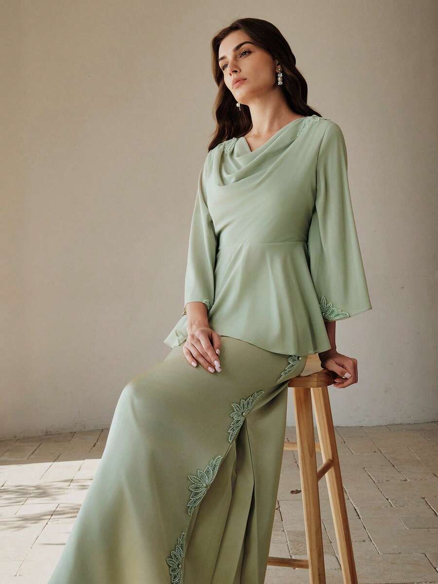 Anewsta 女士中东风情派对优雅腰部荷叶边袖直筒褶皱刺绣浅绿色两件套 - 綠色 - 查看 1