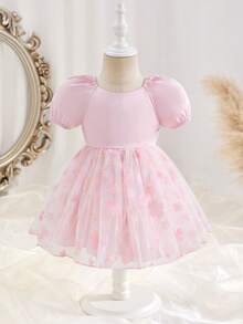 SHEIN 女婴优雅碎花泡泡袖网纱薄纱派对连衣裙，夏季 - 粉色 - 查看 9