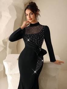 Coutiva Women's Mandarin Collar Rhinestone 3D Bow Decor Pleated Elegant Formal Mermaid Evening Dress Elegant Black Dresses For Women Long Sleeve Elegant Dress Rhinestone Dress Luxury Dress For Women Diamond Dress - Black - View 6