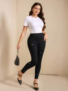 SHEIN LUNE 大码女式纯色弹力腰亮片时尚打底裤 黑色女式打底裤 水钻裤 闪亮打底裤 亮片打底裤 女式黑色裤子 - 黑色 - 查看 6