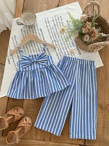 Babygirl Cute Casual Vacation Striped Bow Camisole & Elastic Waist Pants Set - Blue - View 3