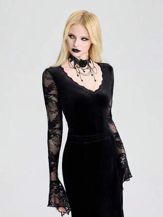 Breakform Women's Gothic Sexy V-Neck Lace Trim Front Velvet Contrast Lace Back Long Flare Sleeve Fitted Cropped T-Shirt, Suitable For Daily Outings And Dates