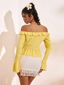 Bellisia Blusa de unicolor con hombros descubiertos, manga larga y ribete de volantes, adecuada para citas y uso diario