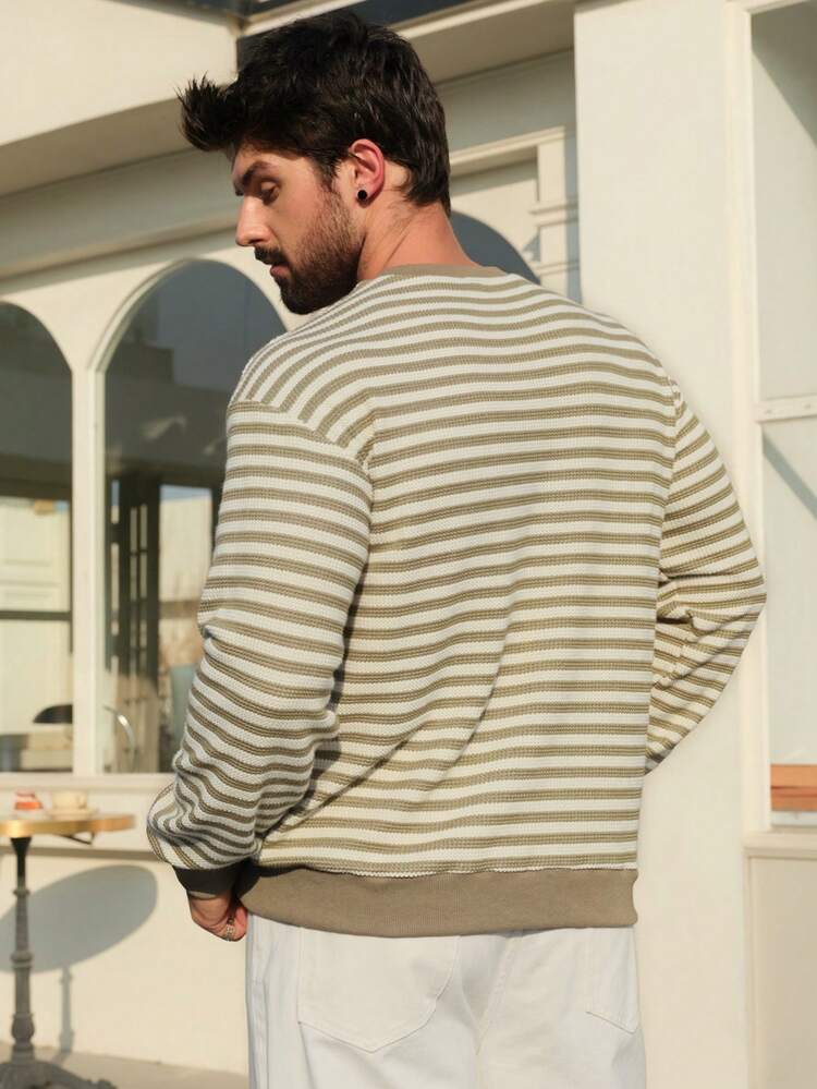Men's Striped Crew Neck Pullover Sweatshirt, Spring/Autumn