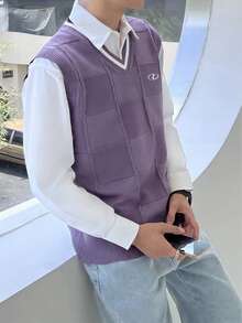 Claim Dot 男士简约紫色针织背心，日常穿着男士无袖衬衫紫色背心男士紫白衬衫毛衣背心浅紫色男士背心 - 紫色 - 查看 4