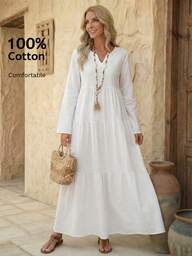 EMERY ROSE 여성용 단색 V넥 긴팔 캐주얼 바캉스 스타일 드레스