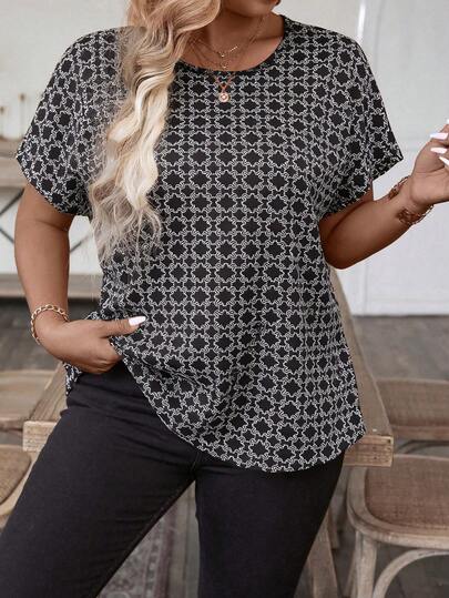 EMERY ROSE Plus Size Women's Elegant French Style Round Neck Old Coin Print Casual Blouse, Spring/Summer