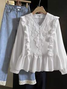 SHEIN 休闲简约清新风格白色编织花卉蕾丝边长袖衬衫，适合少女外出、通勤、旅行和其他日常场合。 - 白色 - 查看 10