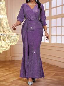 Fleurora 大码女式优雅 V 领修身紫色长裙，适合派对冬装女式新年女装舞会礼服女士优雅派对礼服曲线派对礼服长款派对礼服闪光礼服紫色礼服 - 紫色 - 查看 6