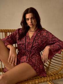 MOTF PREMIUM V-NECK FLORAL FLARE SLEEVE ROMANTIC LIGHTWEIGHT CHIFFON BOHO COVER UP - Multicolor - View 3