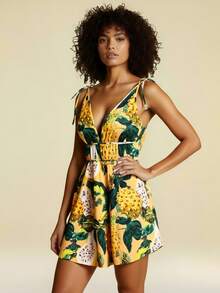 CAJUNI Váy không tay cổ chữ V sâu in họa tiết toàn bộ phía trước cho kỳ nghỉ thường ngày - Màu vàng - Xem 5