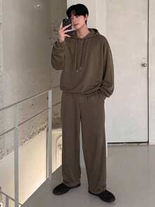 DAZY Men's Loose Fit Coffee Brown Hoodie Set, Autumn - Coffee Brown - View 5
