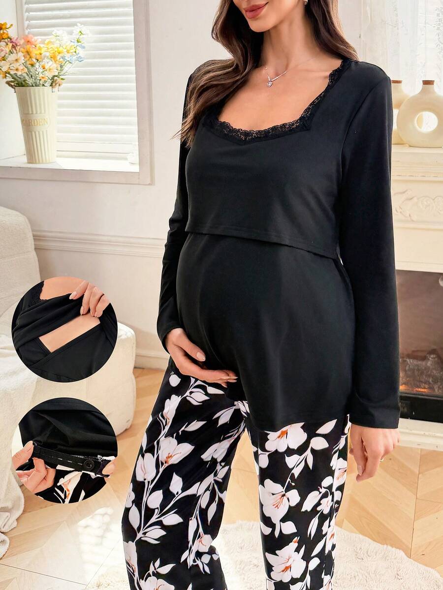 Moonlight&Mama 两件套孕妇睡衣:纯色蕾丝拼接哺乳套头衫和印花长裤 - 黑色 - 查看 1