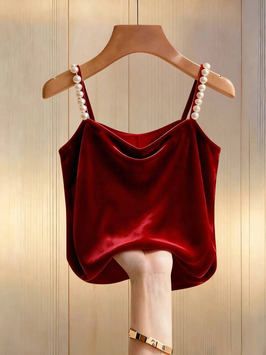 Franclia Women's Draped Neck Faux Pearl Camisole, Suitable For Commuting, Valentine's Day, Romantic Dates, New Year Holidays - Burgundy - View 1