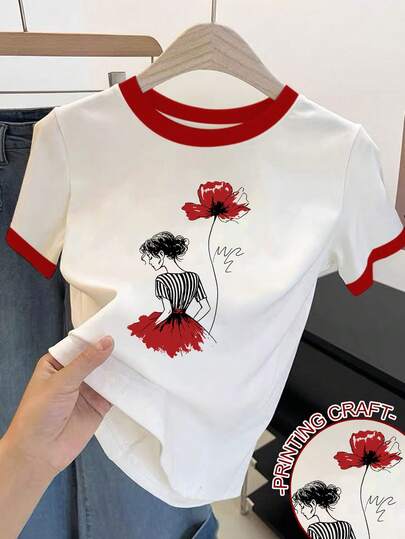 Resyla Casual Colorblock & Floral Print Short Sleeve T-Shirt, Summer