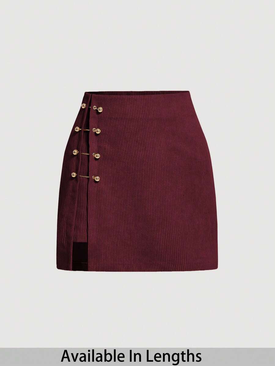 SHEIN PETITE CURVE Plus Size Solid Color Studded Decorated Fitted Skirt - Burgundy - View 1