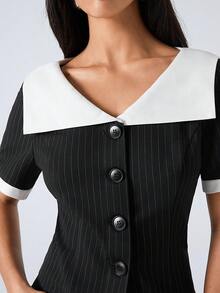 LYSMO 2026 Noutate Minimalism Primăvară/Vară pentru Femei Cu Guler Contrast Culoare Dungi Mânecă Scurtă Cu Un Singur Nasture, Serviciu/Casual de Afaceri/Birou, Top Elegant Alb-Negru Bluză Alb-Negru Topuri Preppy Topuri Business Casual Topuri Femei Topuri Office Pentru Femei - Albastru si alb - Vizualizare 6