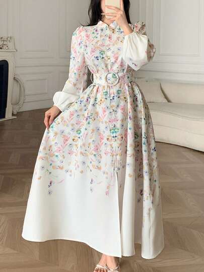 Feyla 新款浪漫印花收腰优雅连衣裙，适合日常、度假和派对穿着