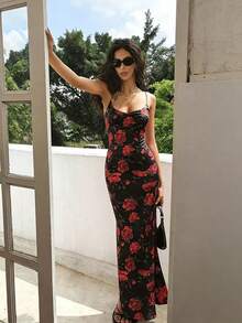 Rafferiza 优雅玫瑰印花吊带垂褶领连衣裙，秋季新款，适合新年、情人节等场合 - 紅色和黑色 - 查看 5