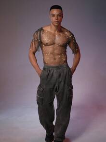 DSELFIQUE 男士镂空性感流苏无袖背心 - 黑色 - 查看 3