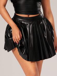 Radiana 女士百搭纯色褶裥A字裙，适合通勤 - 黑色 - 查看 9