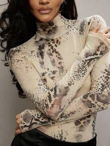 Hauture Women's Sexy Elegant Leopard Print Mock Neck Long Sleeve Bodysuit