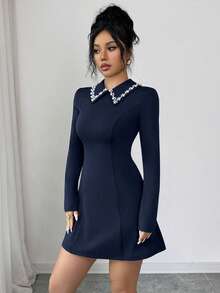 Selianne 新款优雅休闲百搭商务连衣裙，黑白撞色设计，A字黑色连衣裙，尽显女性柔美时尚，小领珍珠装饰，收腰剪裁，长袖，适合节日、独立日、劳动节、哥伦布日、感恩节、情人节等场合穿着。 - 藏蓝色 - 查看 6